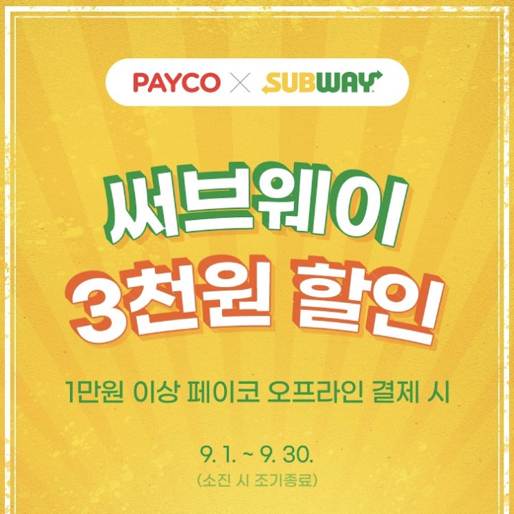  서브웨이 9월행사 페이코 3000원 할인 받는 방법_플랫브레드 스테이크&치즈/하티 이탈리안 비엠티