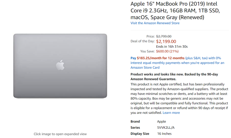  (아마존 핫딜)Apple 16" MacBook Pro (2019) Intel Core i9 2.3GHz, 16GB RAM, 1TB SSD, macOS, Space Gray 맥북