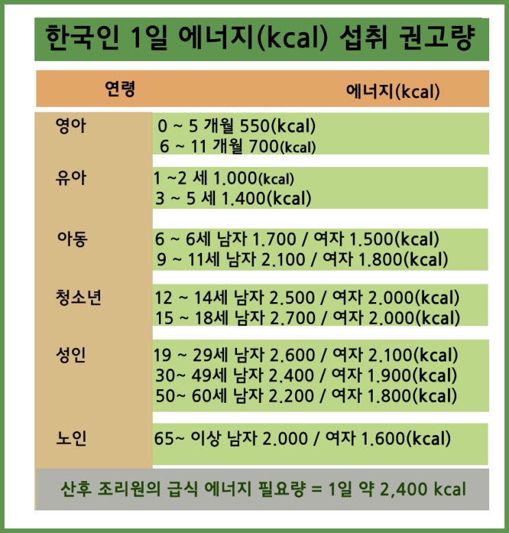 한국인 1일 에너지(kcal) 섭취 기준