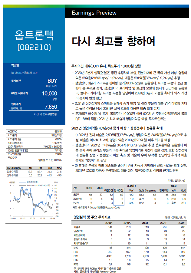 9/18 옵트론텍 목표주가 상향조정 - 대신투자 9/18 옵트론텍 목표주가 상향조정 - 대신투자