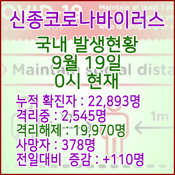  코로나19(코로나바이러스) 9월 19일 0시 국내(해외포함) 발병 22,893명 / 19,970명 완치 격리해제 / 사망자 378명