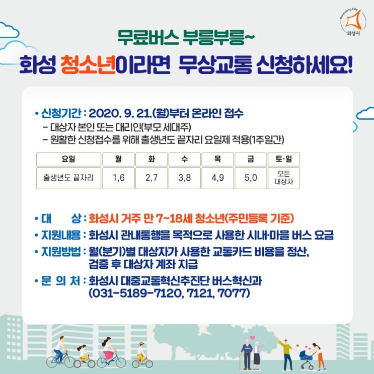  화성시 청소년 무상교통 시행안내 및 세이브버스 무상교통카드 신청하기