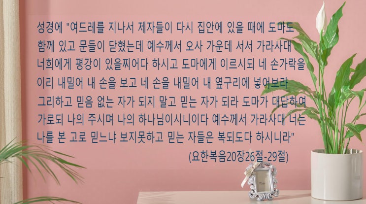  성경 구절(요한복믐20장26절-29절) 주님을 맞이 함에 있어 절대 도마의 길을 가지 말아요.