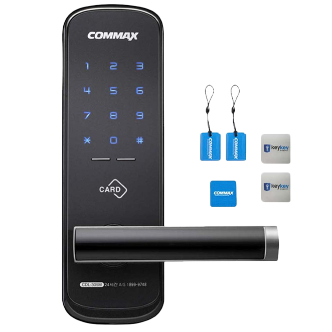 코맥스 디지털 무타공 손잡이 일체형 도어록 CDL-305M + 카드키 2p + 스마트키태그 + 스티커형 카드키 2p