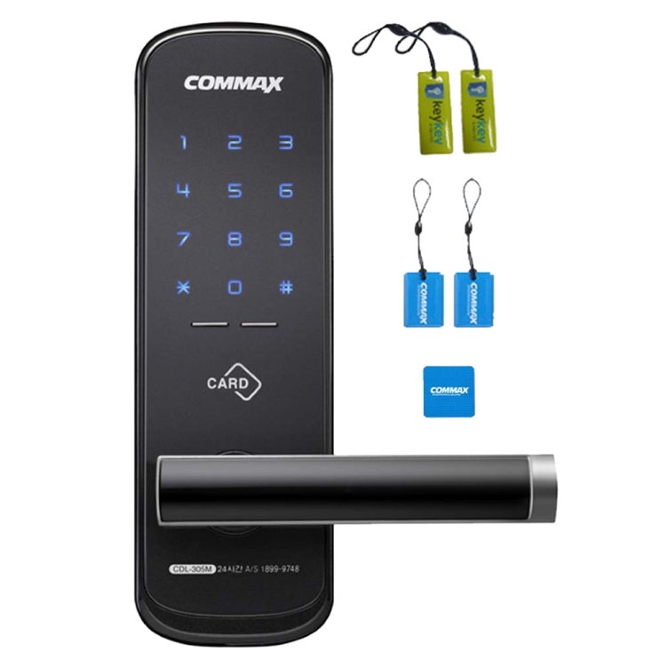 코맥스 디지털 무타공 손잡이 일체형 도어록 CDL-305M + 카드키 2p + 스마트키태그 + 걸이형 카드키 2p