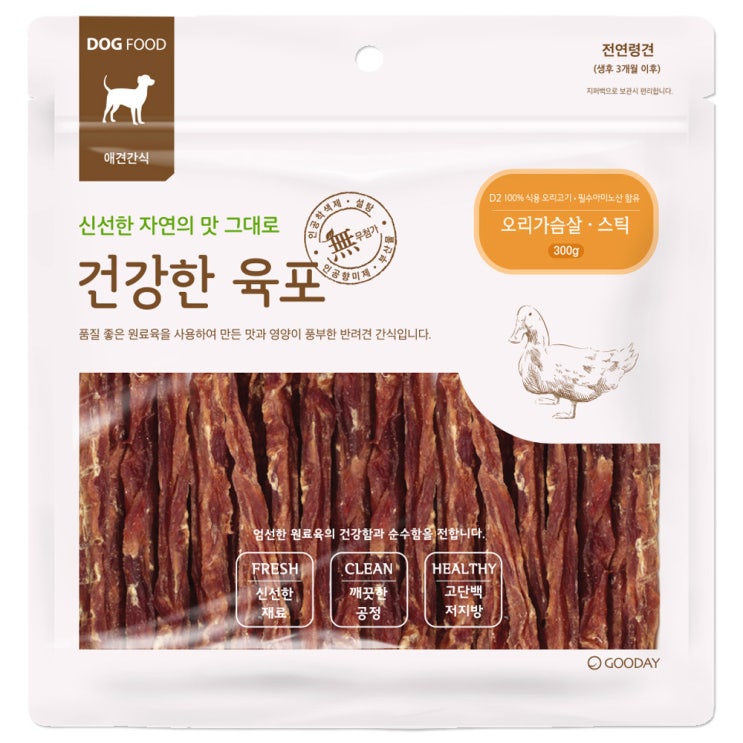  굿데이 건강한육포 반려견간식 대용량 300g, 오리가슴살 스틱, 1개