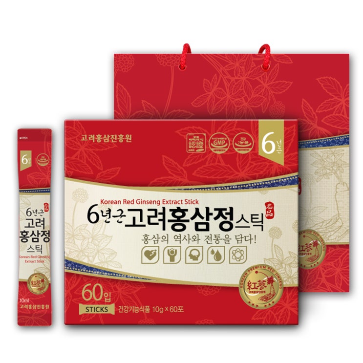  고려홍삼진흥원 6년근 홍삼정 스틱 더블 컴팩트 + 쇼핑백, 10g, 60개입