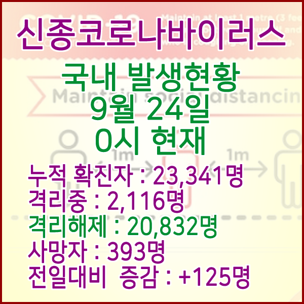  코로나19(코로나바이러스) 9월 24일 0시 국내(해외포함) 발병 23,341명 / 20,832명 완치 격리해제 / 사망자 393명