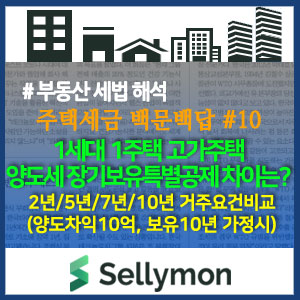  [백문백답 #10] 1세대 1주택 고가주택 장기보유특별공제시 거주기간에 따라 양도소득세는 어떻게 달라지나?(양도차익10억원,10년보유,거주2년/5년/7년/10년 비교) ~셀리몬