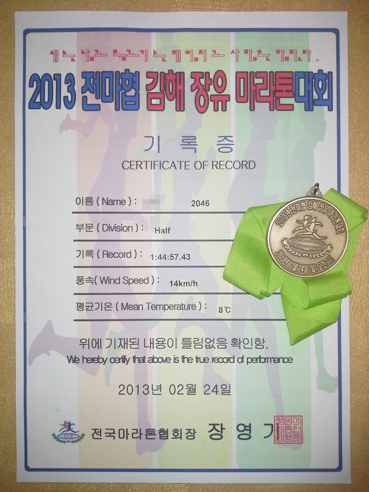 2013년 전마협 김해장유 마라톤대회(D)기록증