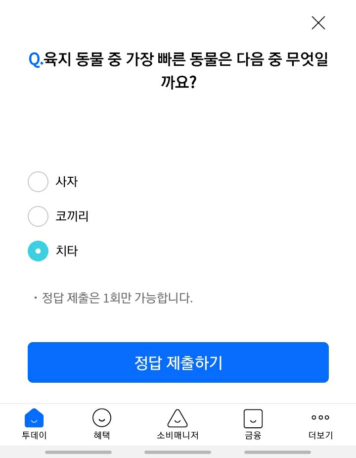  리브메이트 오늘의퀴즈 - 가장 빠른 육지 동물은 다음중 무엇일까? 치타