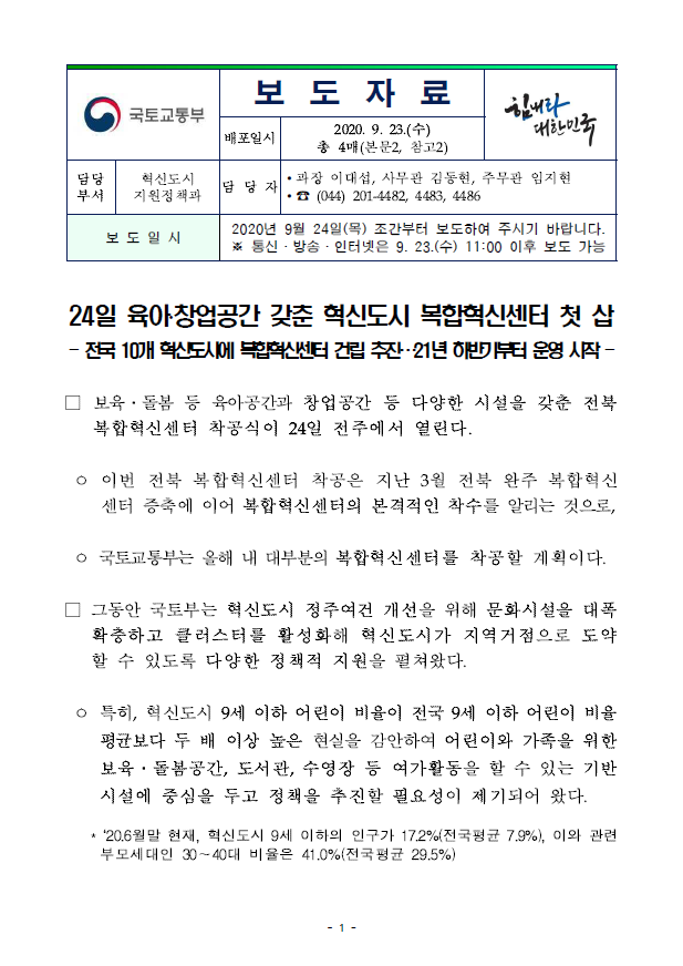  24일 육아·창업공간 갖춘 혁신도시 복합혁신센터 첫 삽(국토교통부)