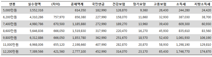  2020년 연봉 실수령액 + 연봉상승과 실수령액 증가 비교