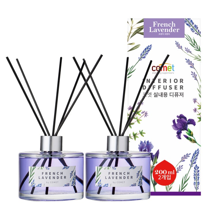  코멧 디퓨저 200ml 2개 + 섬유스틱 10개 세트, 프렌치 라벤더