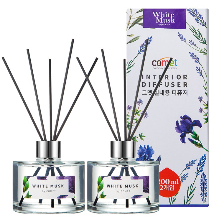  코멧 디퓨저 200ml 2개 + 섬유스틱 10개 세트, 화이트 머스크