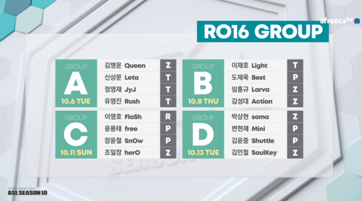 [E스포츠, 스타1] 아프리카tv 스타리그 시즌10 16강 조편성