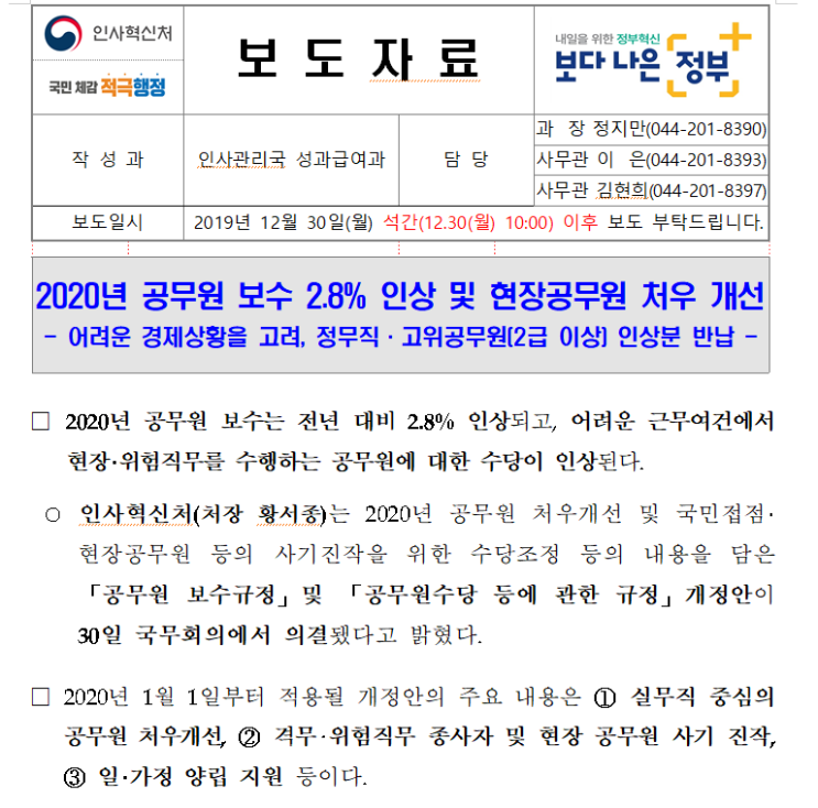  2020년 공무원월급 경찰직월급 소방직 월급, 급여표, 보수