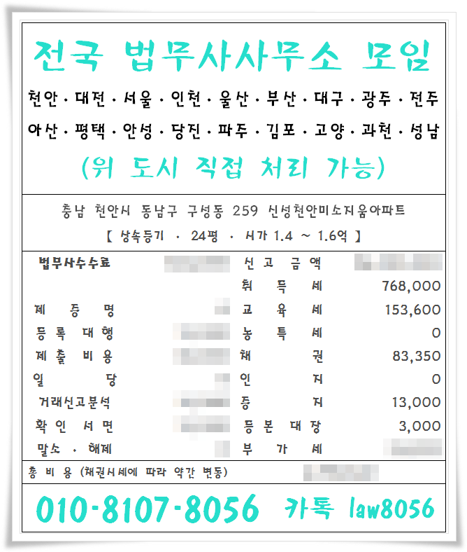 농지 상속등기비용 속에 법무사수수료에 10