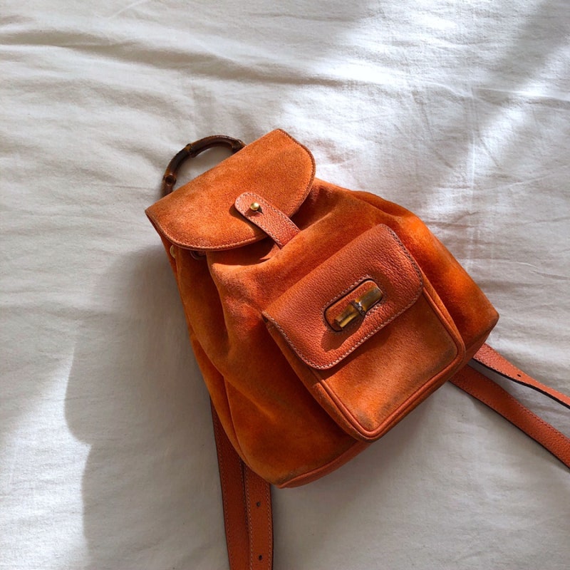 구찌 컬렉션 선셋 오렌지 스웨이드&가죽 뱀부 탑 핸들 백팩 (GUCCI Collection Suede&Lather Bamboo Top Ha....