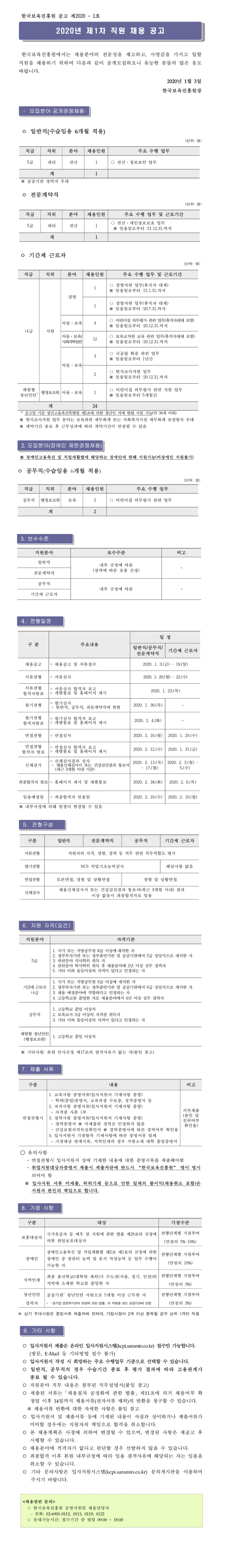 [채용][한국보육진흥원] 2020년 제1차 직원 채용 공고