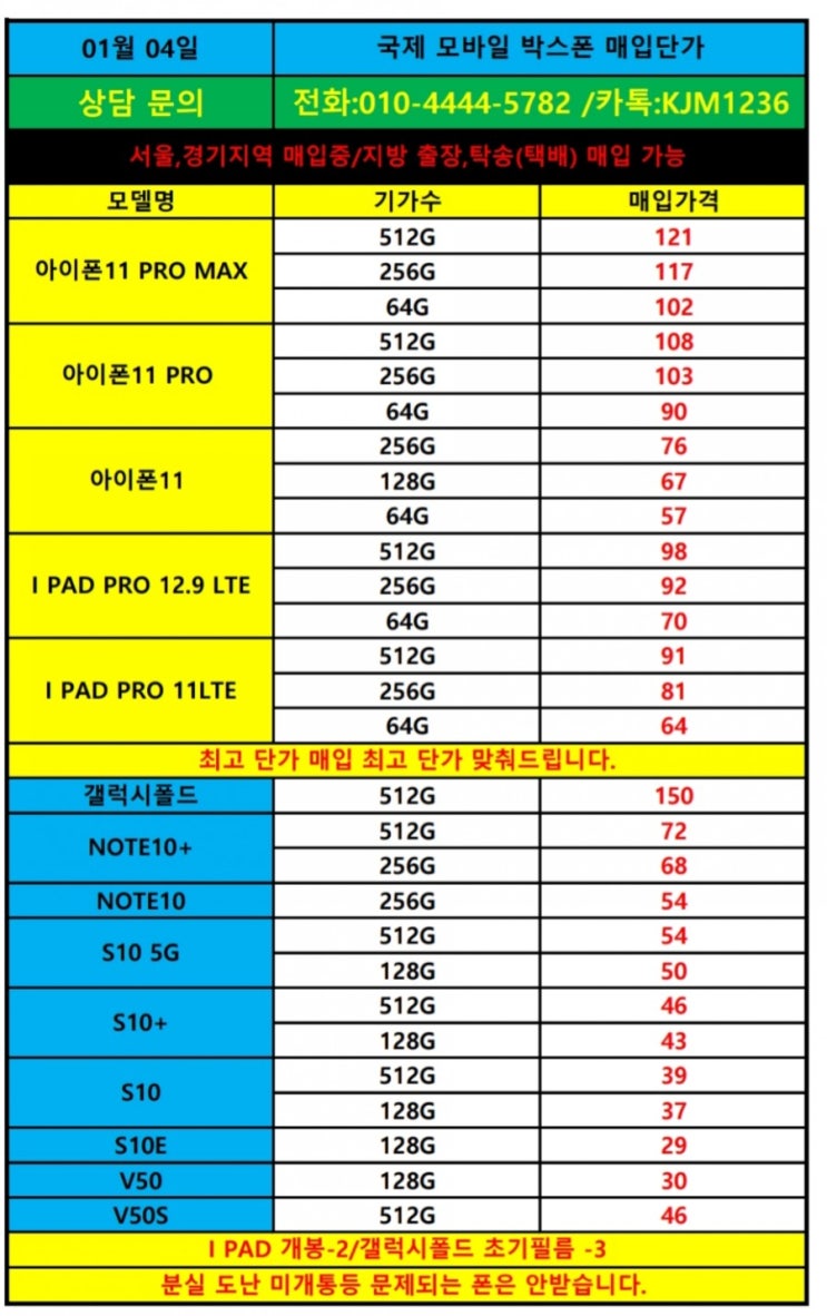  국제모바일1/4단가표(가개통,박스폰매입)