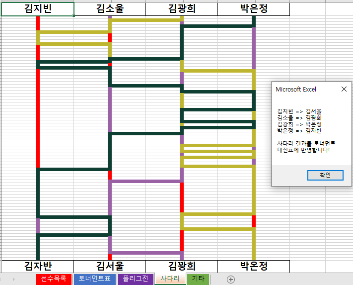  추억의 사다리타기 기능으로 토너먼트 대진표가 완성되는 LeagOrganizer v1.3 (엑셀 매크로)