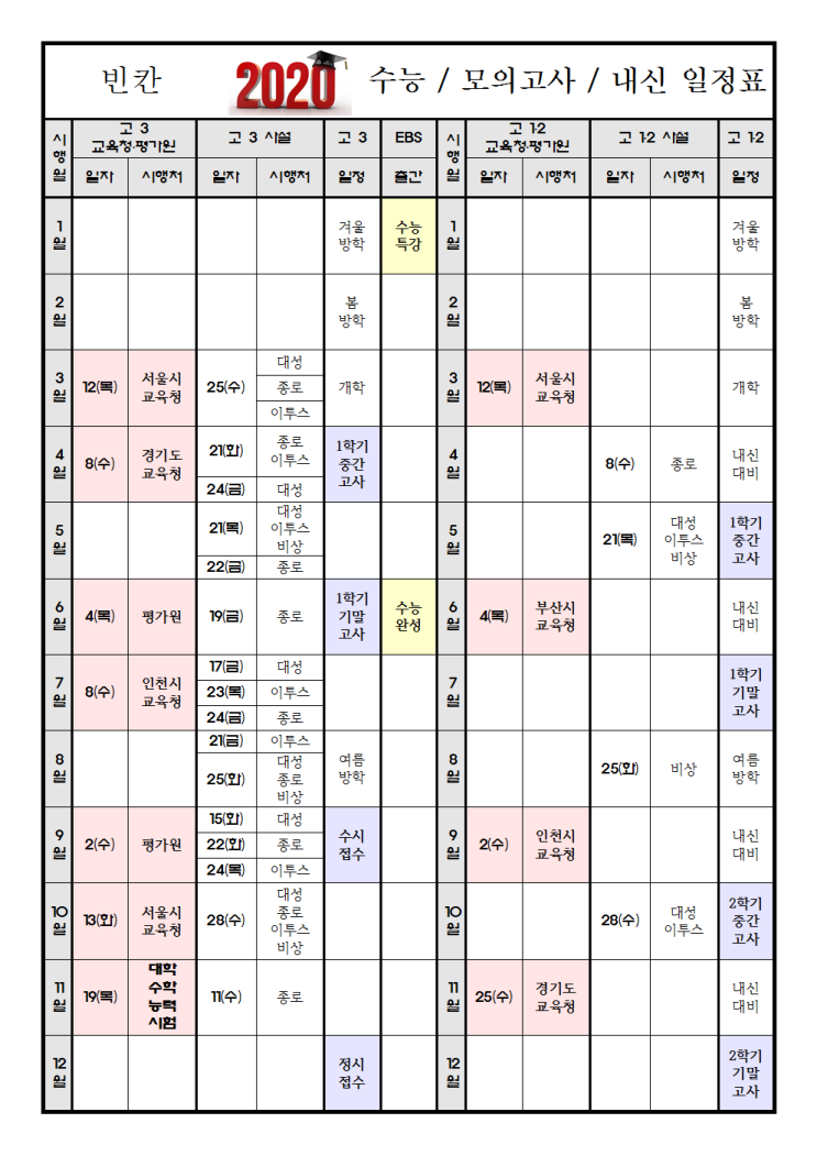 2020학년도 모의고사 일정표