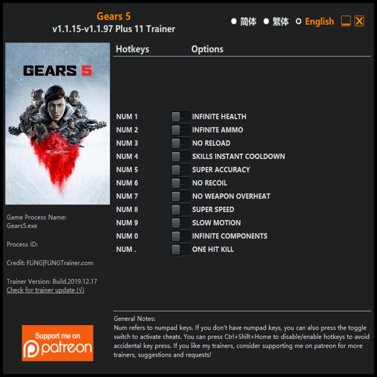  191218 기어스 5 트레이너 (Gears 5 Trainer v1.1.15-v1.1.97 +11)3DM