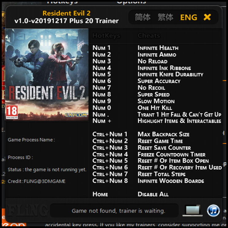  191218 바이오하자드 RE 2 트레이너 (Resident Evil 2 Trainer v1.0-v20191217 +20)3DM
