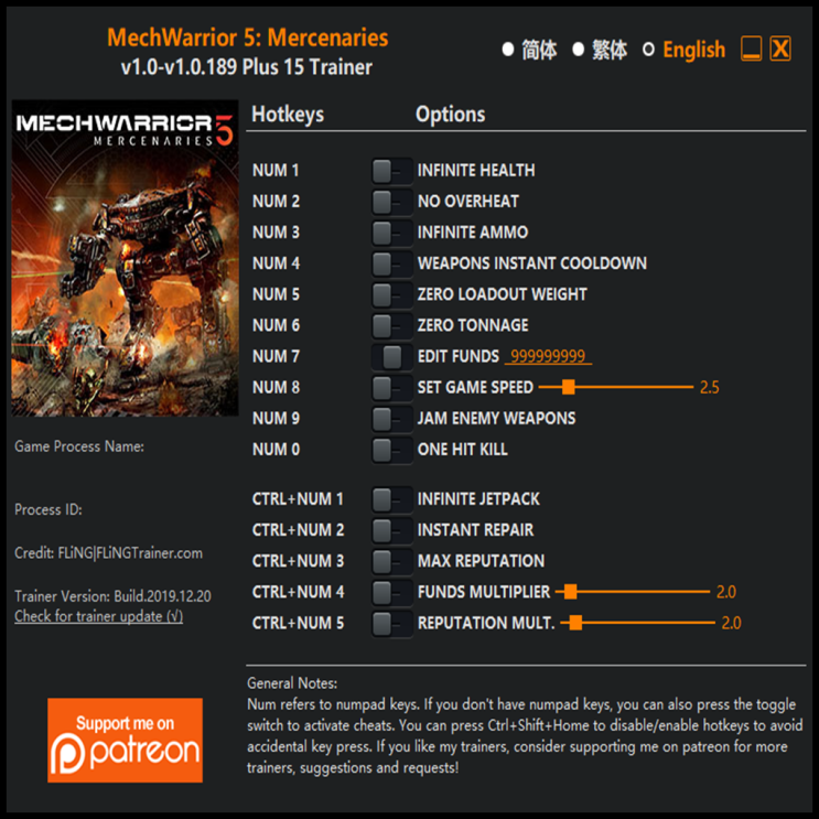  191220 맥워리어 5 머서너리즈 트레이너 (MechWarrior 5 Mercenaries Trainer v1.0-v1.0.189 +15)3DM