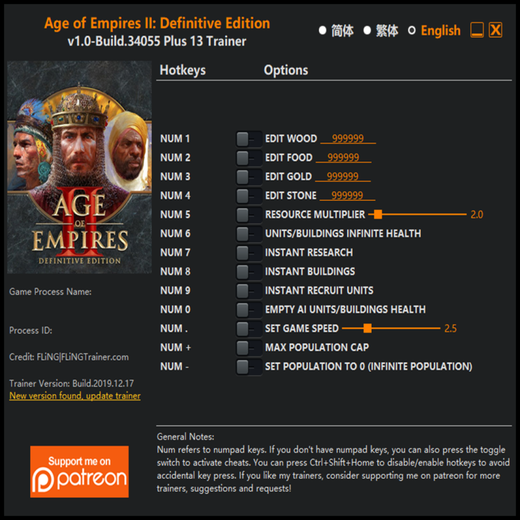  191218 에이지 오브 엠파이어 2 디피니티브 에디션 트레이너 (Age of Empires II Definitive Edition Trainer v1.0 +13)3DM