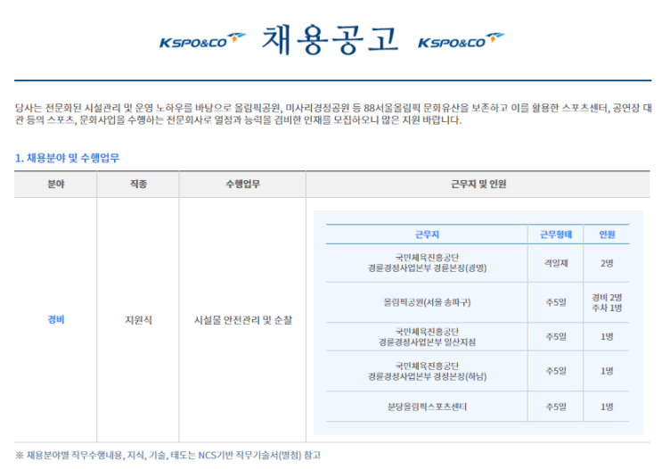  [채용][한국체육산업개발주식회사] 올림픽공원 등 경비 채용공고