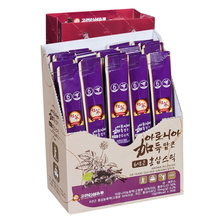  [쿠팡 특가] 15,900원 (80% 할인) 고려인삼유통 아로니아 가득 담은 6년근 홍삼스틱 30포 + 쇼핑백