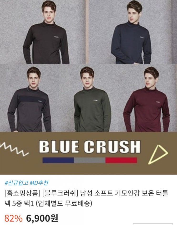  [홈쇼핑상품] [블루크러쉬] 남성 소프트 기모안감 보온 터틀넥 5종 택1 (업체별도 무료배송)