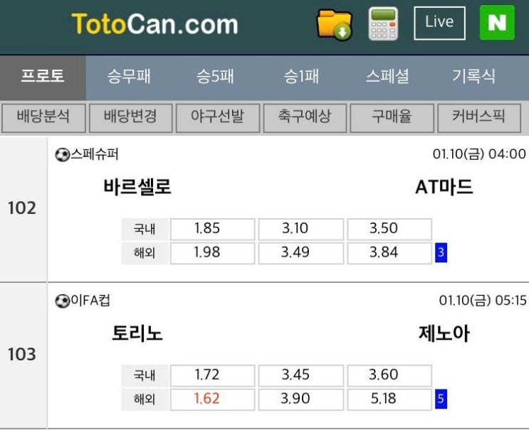 1월9일~10일 토토프로토 승부식 축구픽경기분석