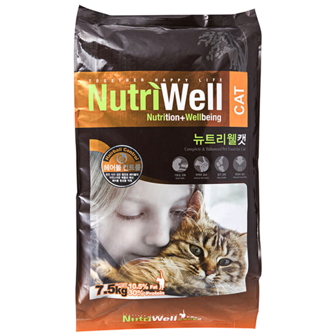 [반려동물용품]  뉴트리웰 전연령 고양이 헤어볼 컨트롤 사료 75kg 1개 애완동물