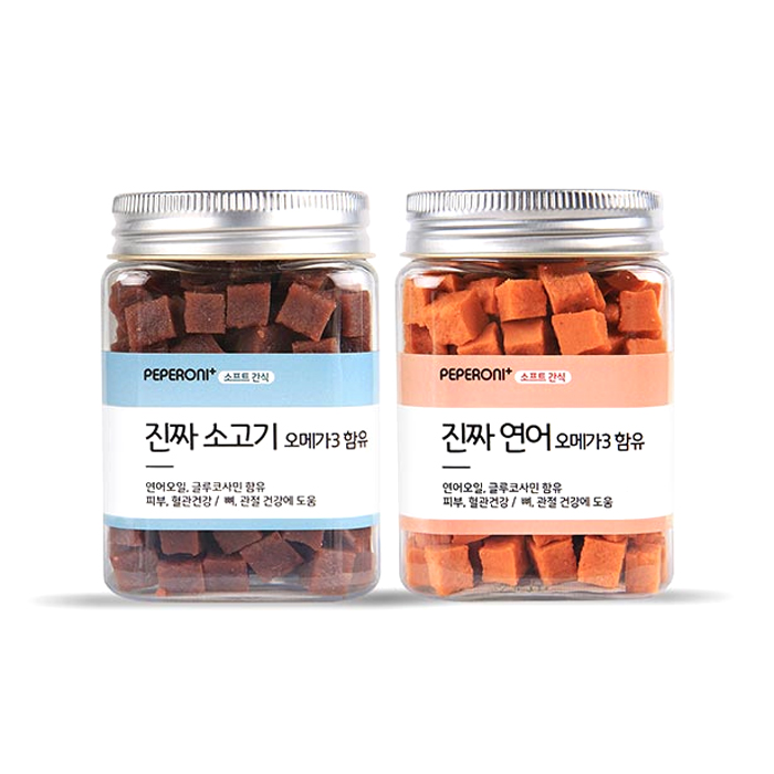  [반려동물용품]  페페로니 반려견간식 오메가3 져키 연어 180g  소고기 180g 1세트 애완동물