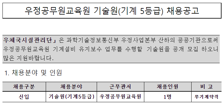  [채용][우체국시설관리단] 우정공무원교육원 기술원(기계 5등급) 채용공고