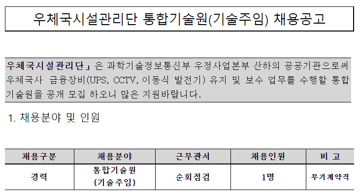  [채용][우체국시설관리단] 순회점검 통합기술원(기술주임)채용공고