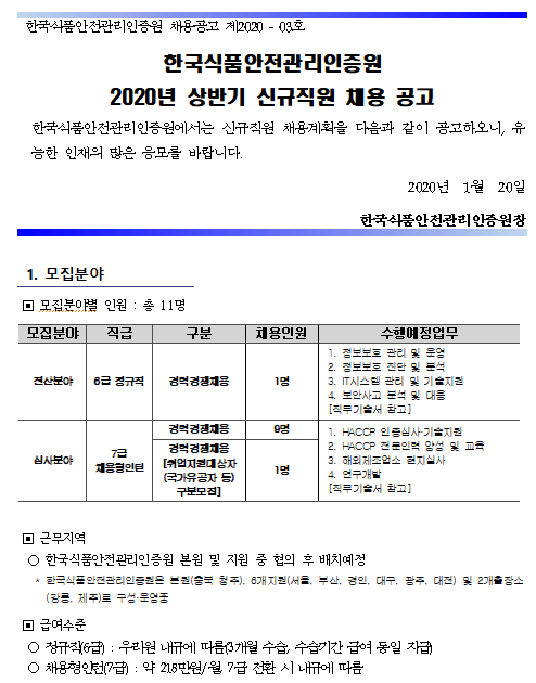  [채용][한국식품안전관리인증원] 2020년 상반기 신규직원 채용 공고