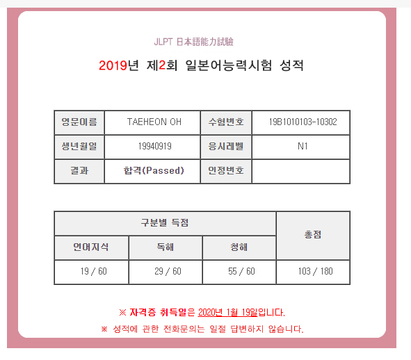  JLPT 1급 합격!!!!