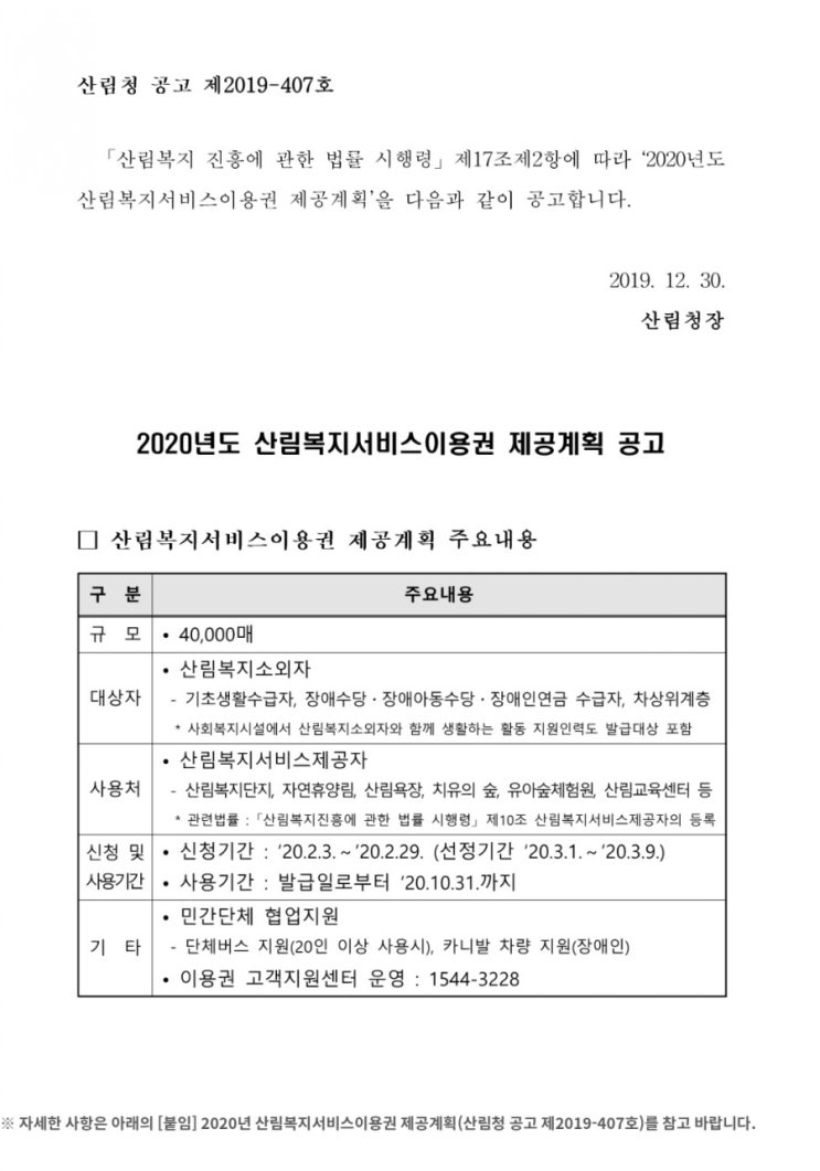  2020년 산림복지서비스 이용권 4만명에게 10만원제공