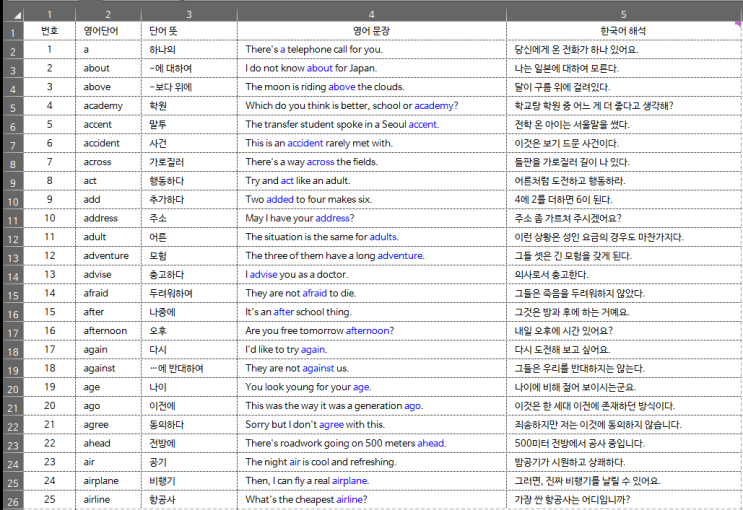  초등학생용 필수영단어 11 - 엑셀자료 800개(A~Z 단어 및 문장)
