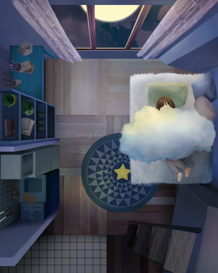  디지털 감성 일러스트,My blue room,몽환적인 일러스트 그림