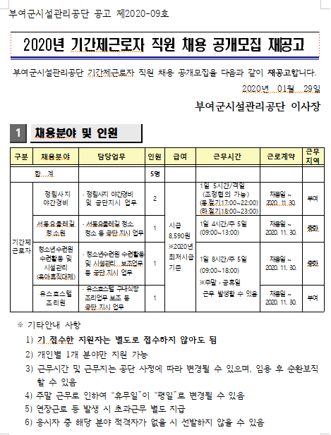  [채용][부여군시설관리공단] 2020년 기간제근로자 직원 채용 공개모집 재공고