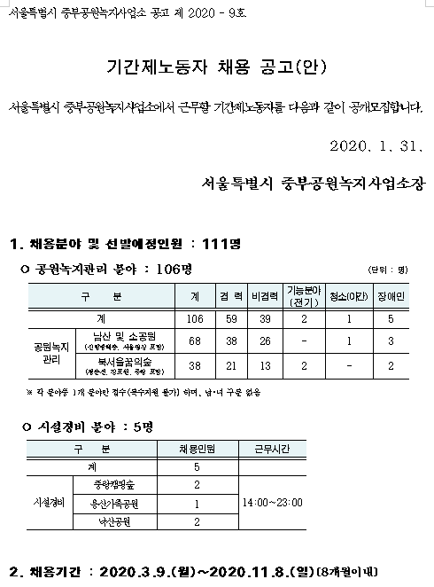 [채용][서울특별시] 2020년 중부공원녹지사업소 기간제노동자 채용 공고