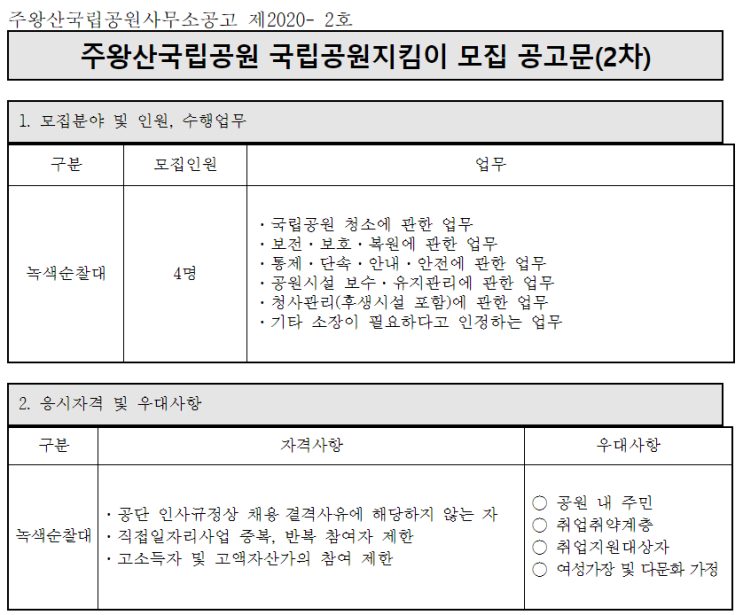 [채용][국립공원공단] [주왕산]주왕산국립공원 국립공원지킴이 모집 공고문(2차)