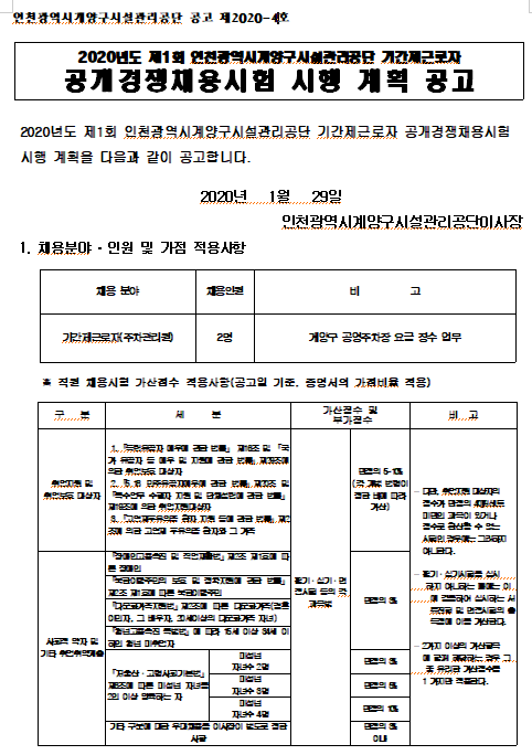  [채용][인천광역시계양구시설관리공단]  2020년도 제1회 기간제근로자 공개경쟁채용시험 공고 