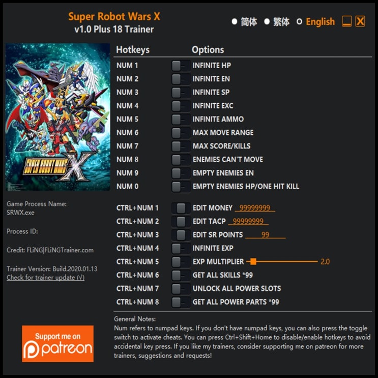  200113-슈퍼로봇대전X 트레이너 (Super Robot Wars X Trainer v1.0 +18)3DM