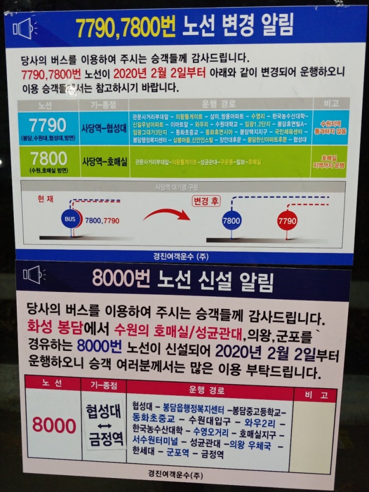  노선 변경된 수원 7790, 8000 버스 네이버 지도앱에선 왜..?